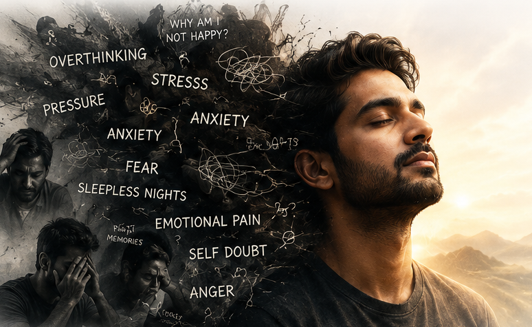 A calm man moving from stress, anxiety and overthinking toward inner peace